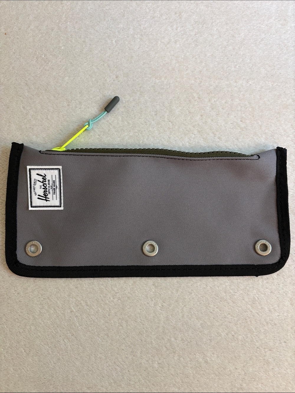 Herschel Repurpose Binder Gray Canvas Zip Pencil Pouch Black Trim Neon Pull